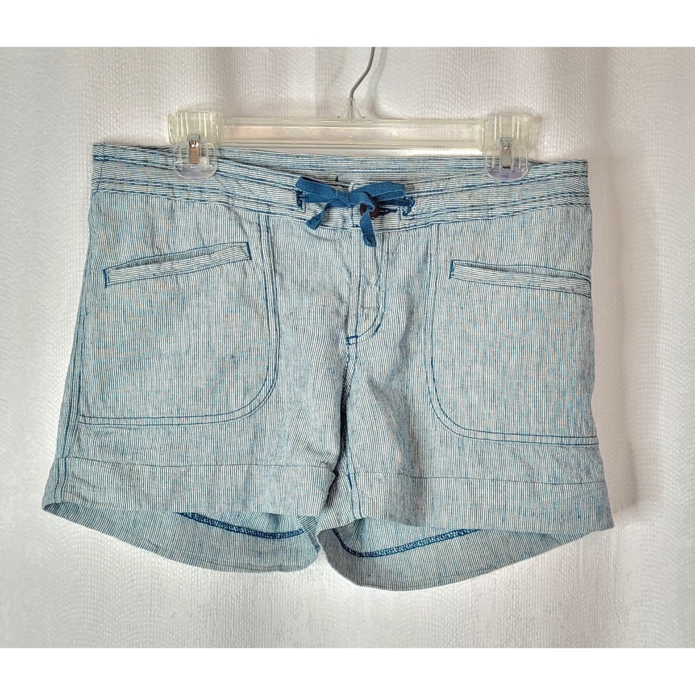 The North Face Shorts Womens Stripe Linen Blend Drawstring Teal Blue Shorts Sz 6